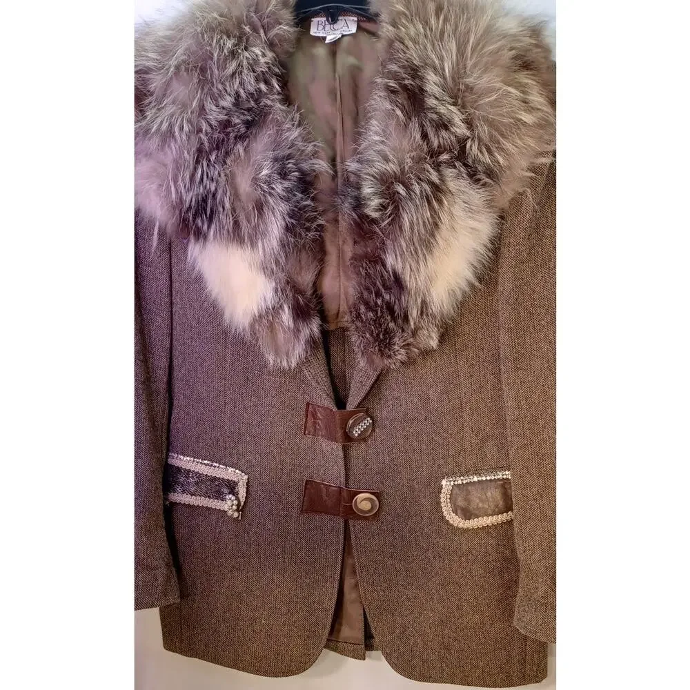 VTG 60s/70s Becca Wool Tweed Jacket Large Brown Coat with Fur Collar - Picture 3 of 9